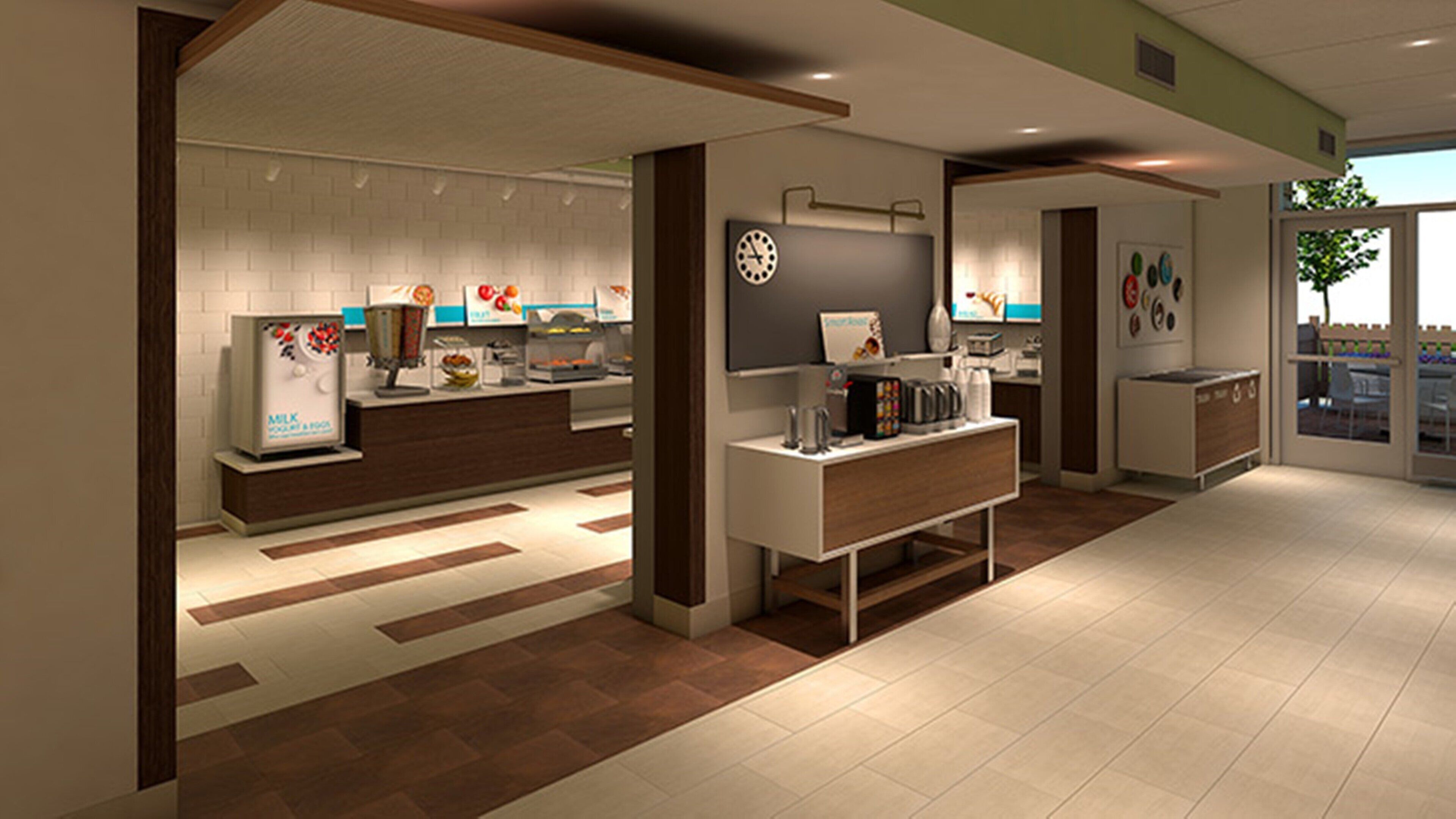 A modern kitchen with a central island, a coffee machine, and a clock on the wall.
