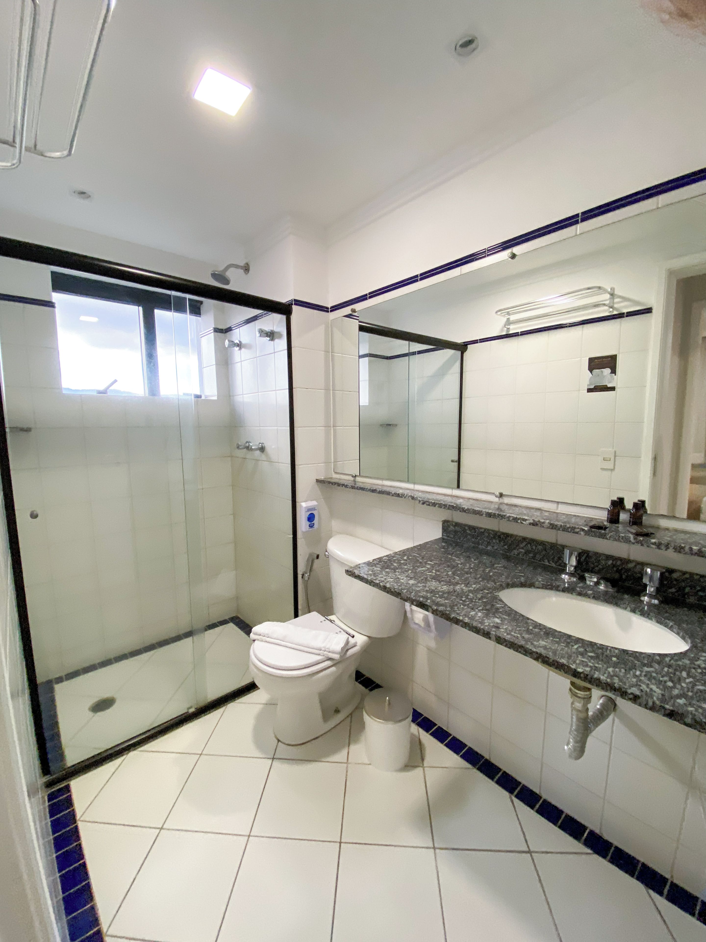 A bathroom with a glass-enclosed shower, a white toilet, and a granite countertop sink.