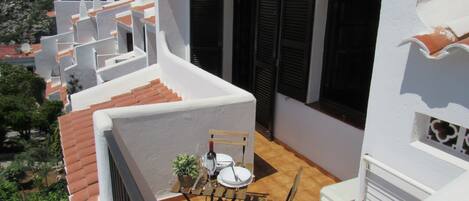 A balcony with a table, chairs, and a potted plant.