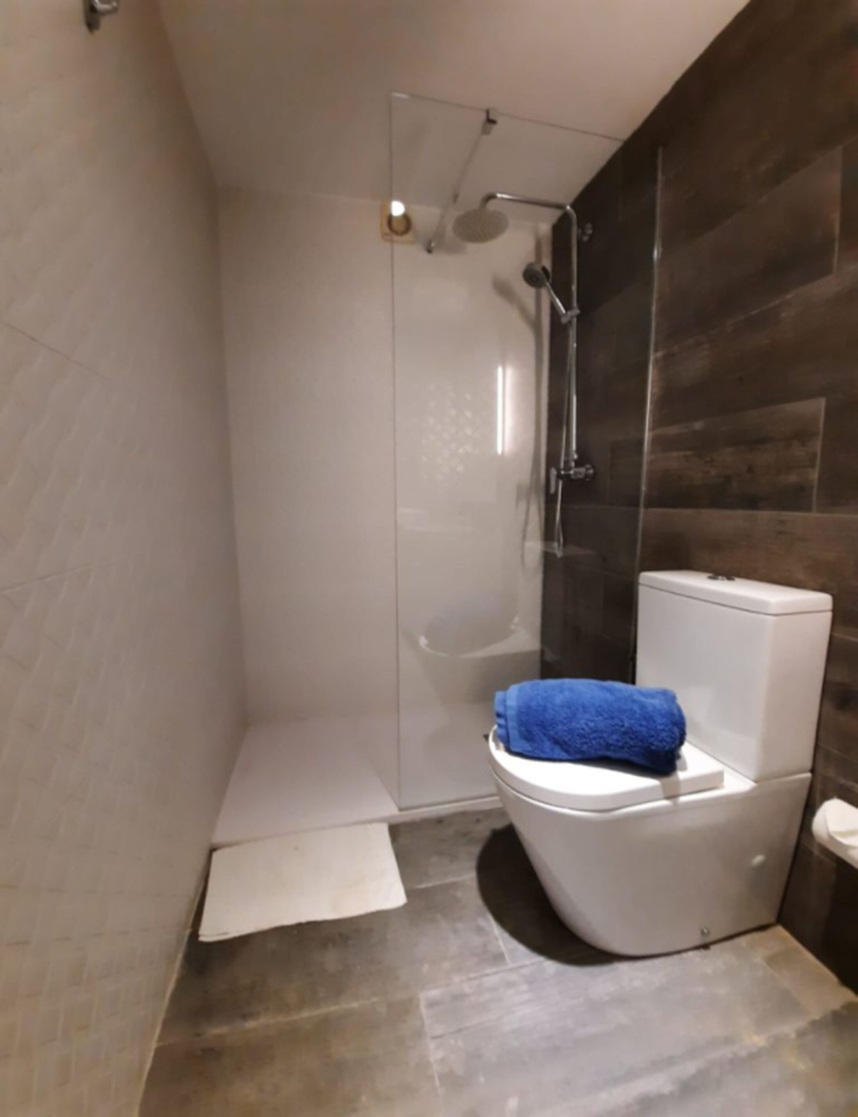 Une salle de bain moderne avec une douche à parois de verre, des toilettes blanches et un mur en bois foncé.