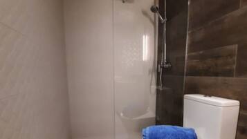 Une salle de bain moderne avec une douche à parois de verre, des toilettes blanches et un mur en bois foncé.
