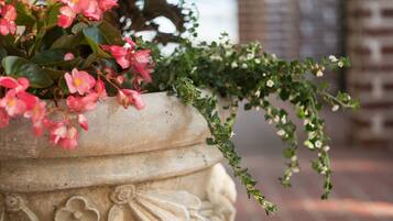A stone planter with pink flowers and green foliage.