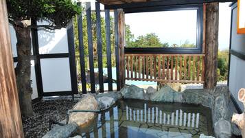 Un jardín japonés tradicional con un estanque de piedra, valla de madera y vistas a una playa.