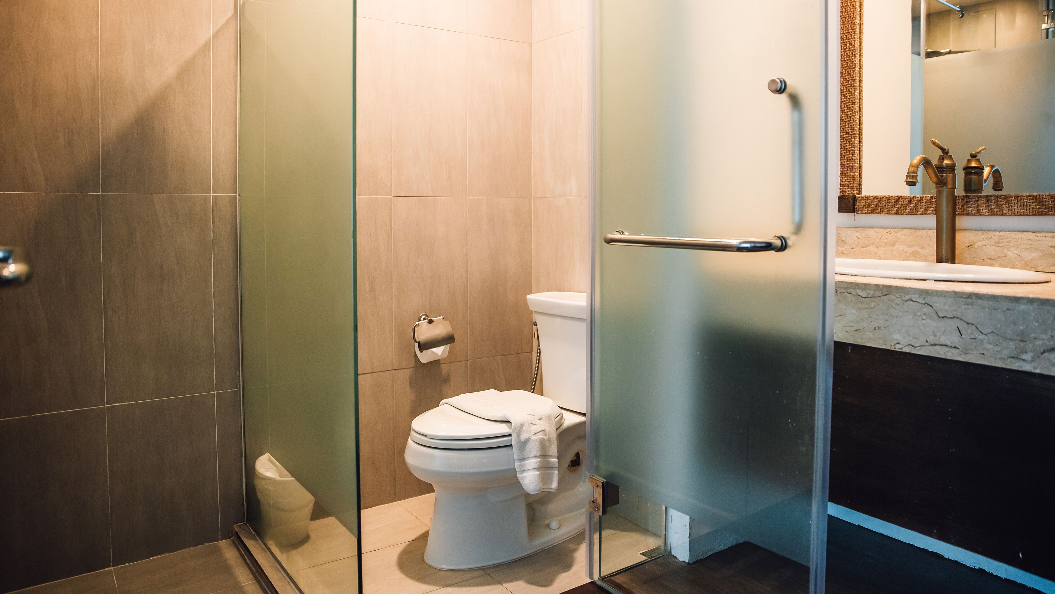 A modern bathroom with a glass shower enclosure, a toilet, and a marble sink.