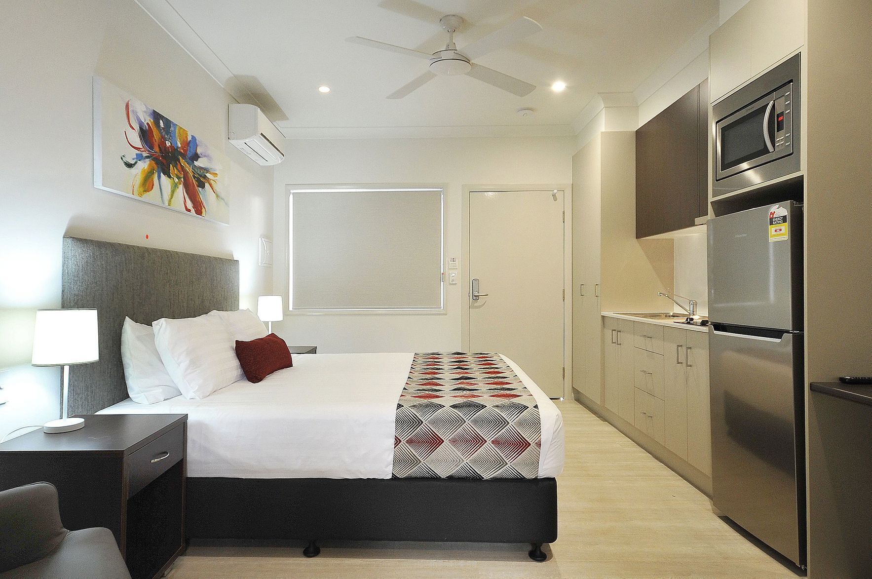 Premium bedding, desk, blackout drapes, soundproofing