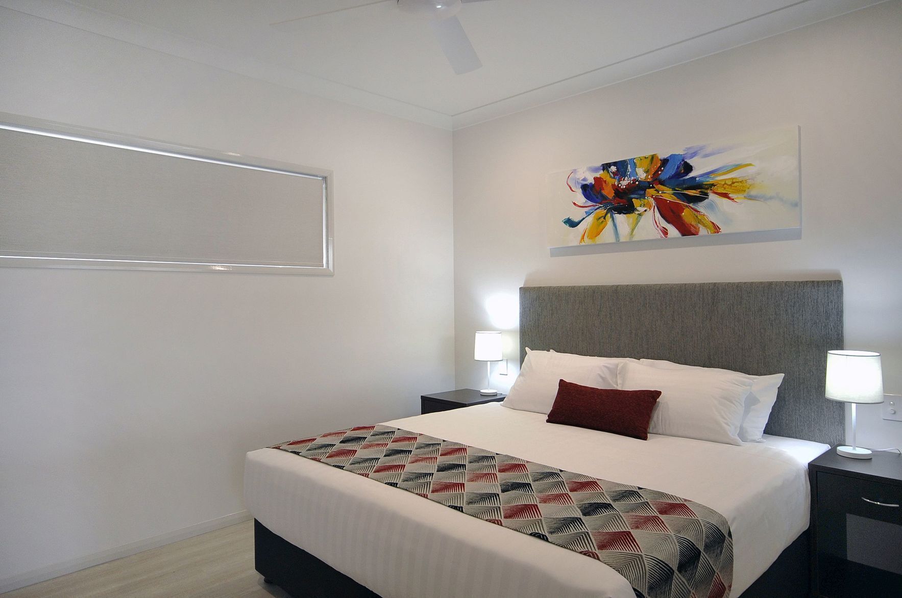 Premium bedding, desk, blackout drapes, soundproofing