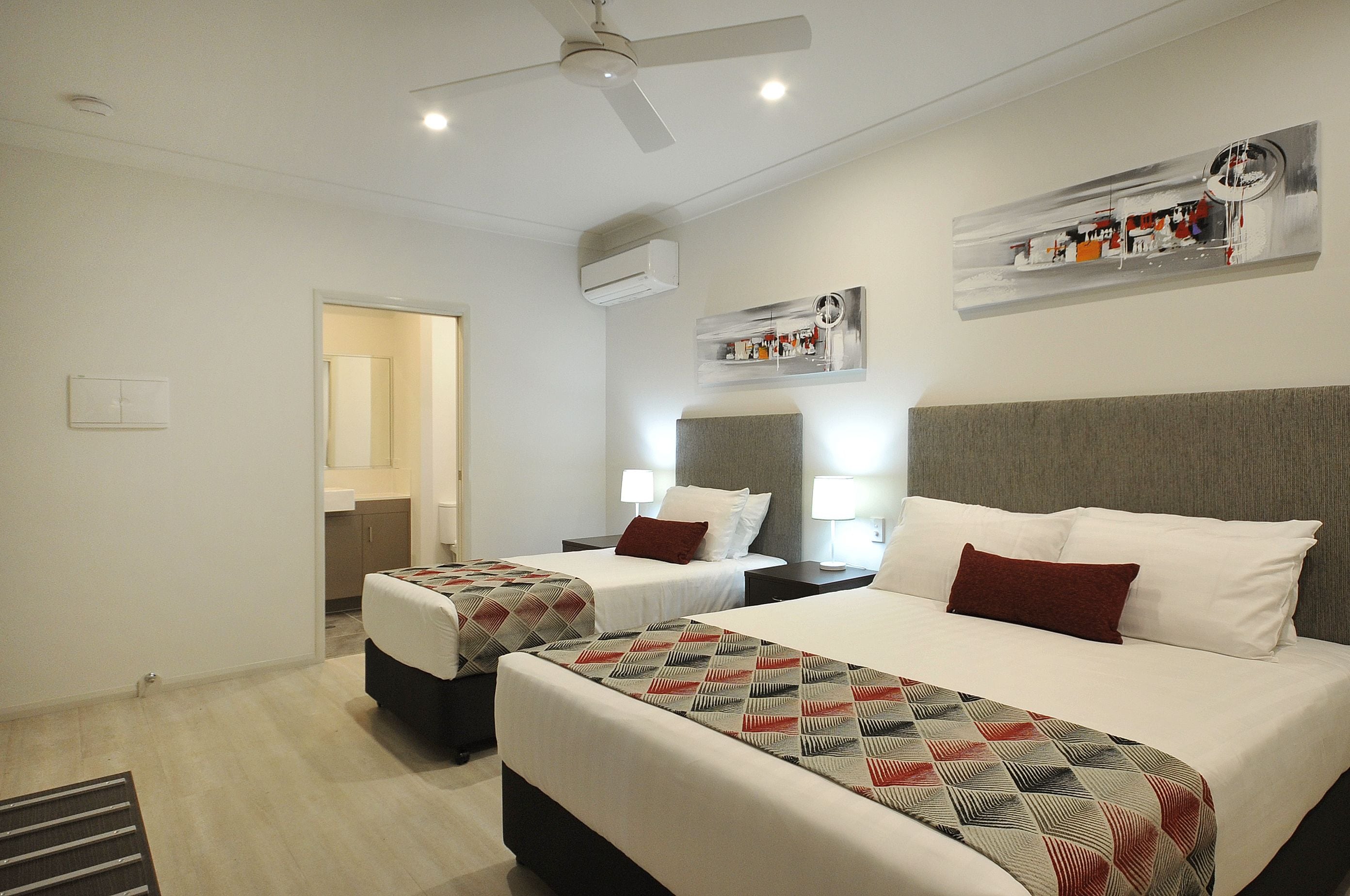 Premium bedding, desk, blackout drapes, soundproofing