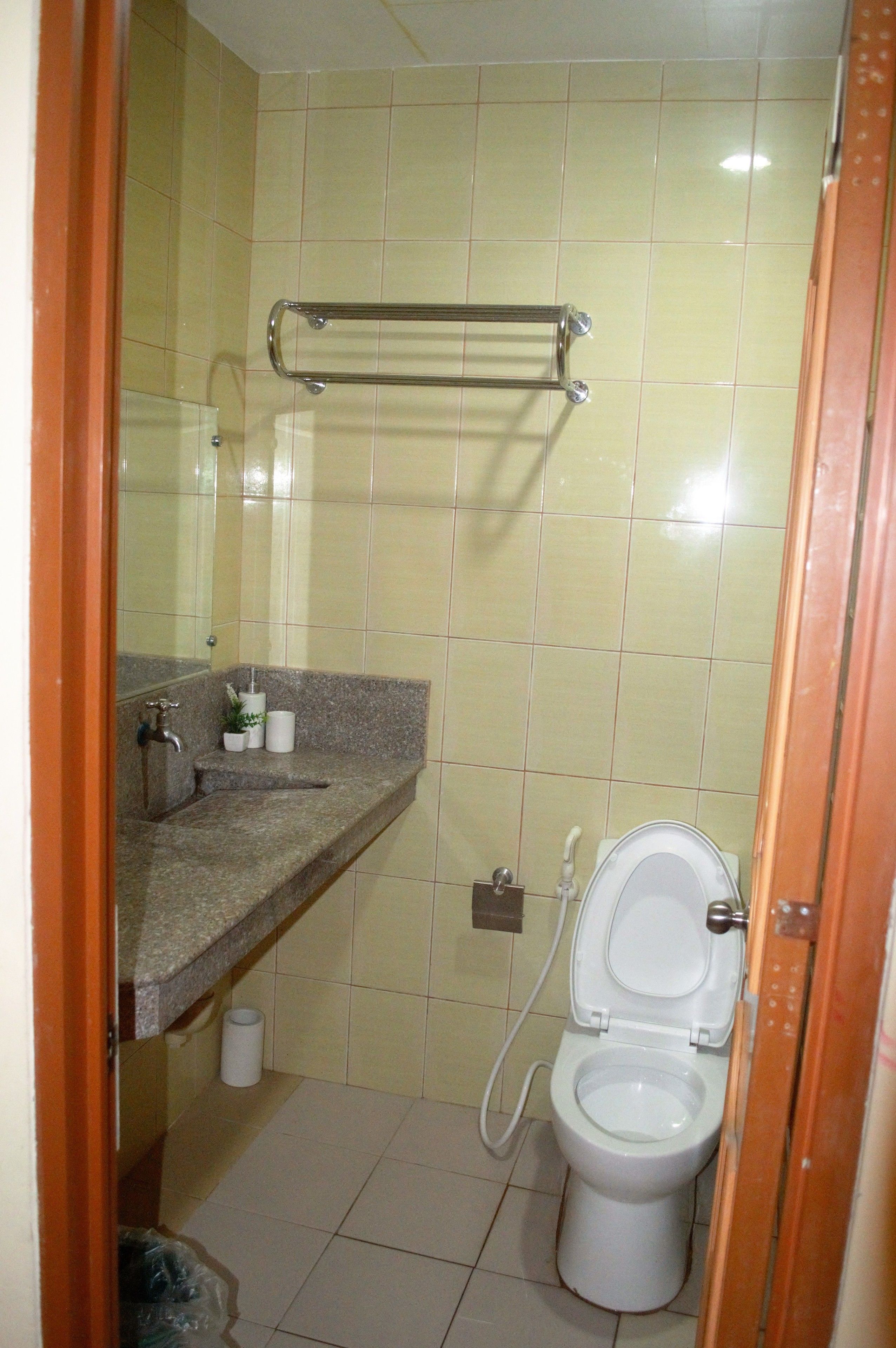 Un baño pequeño con inodoro, lavamanos y un perchero para toallas.