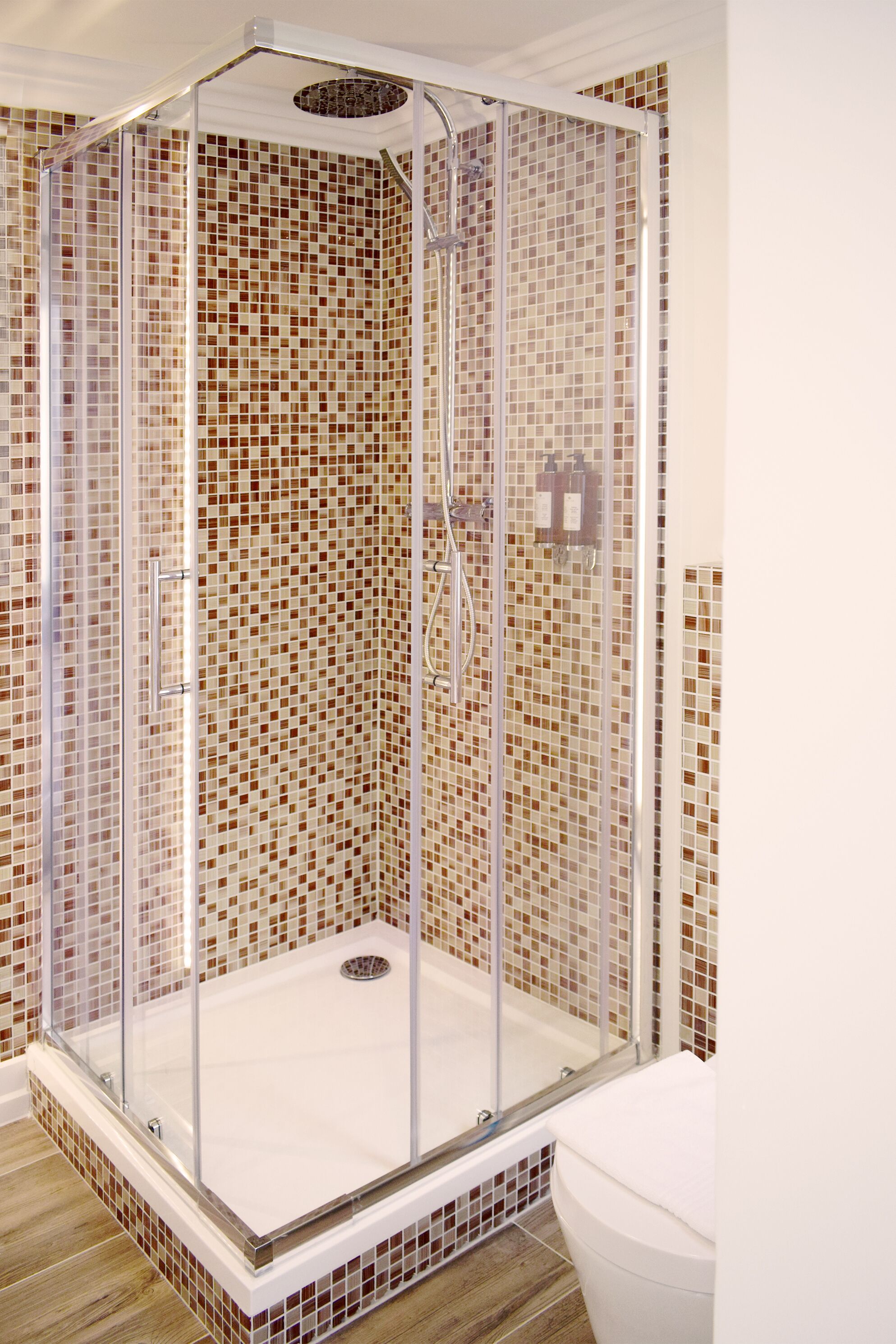A glass-enclosed shower with a tiled mosaic wall.