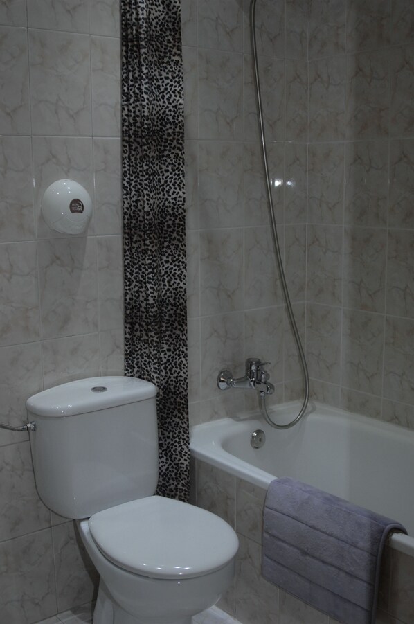 A bathroom with a toilet, a shower, and a bathtub.