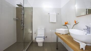 A modern bathroom with a glass-enclosed shower, a toilet, and a wooden vanity with a sink and mirror.