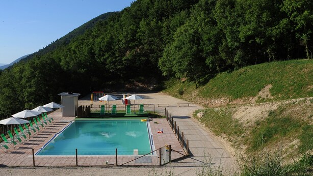 En swimmingpool med utsikt över en skogbeklädd sluttning.