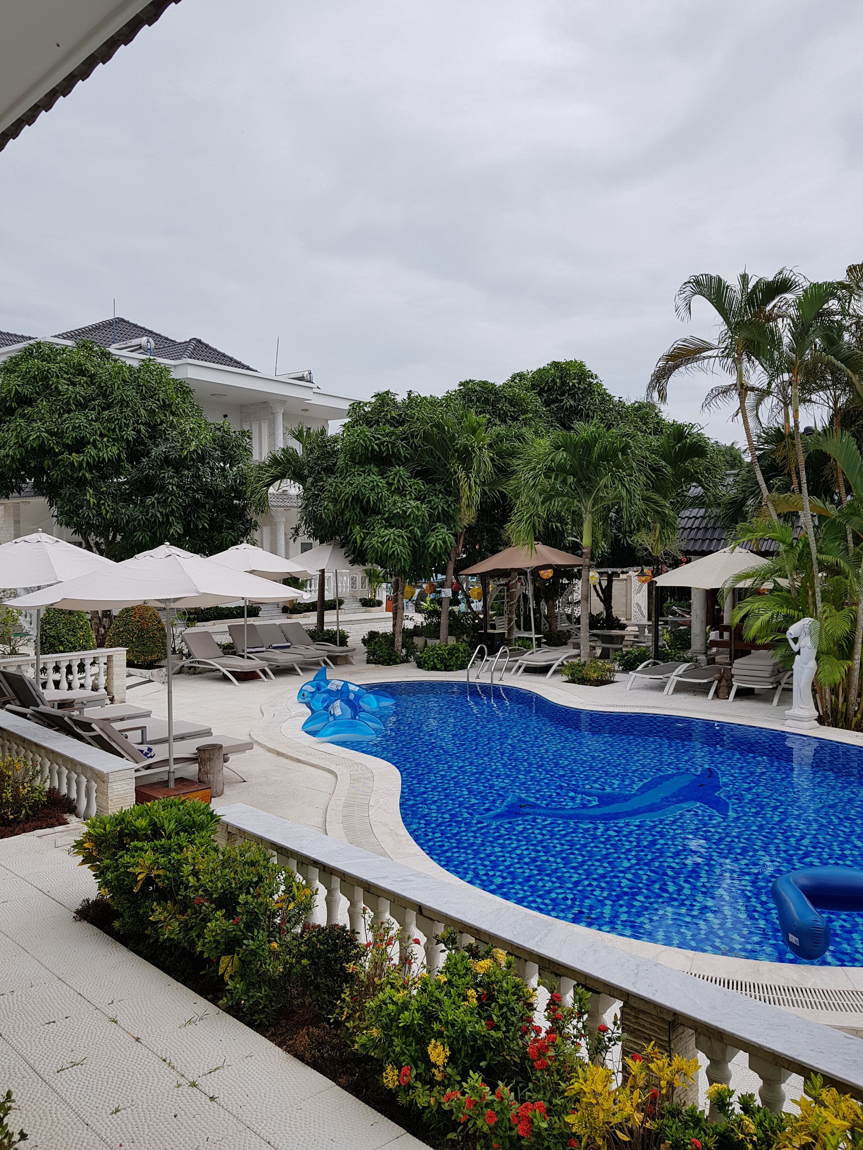 Una piscina al aire libre, sombrillas, sillones reclinables de piscina