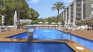 Outdoor pool, pool umbrellas, pool loungers