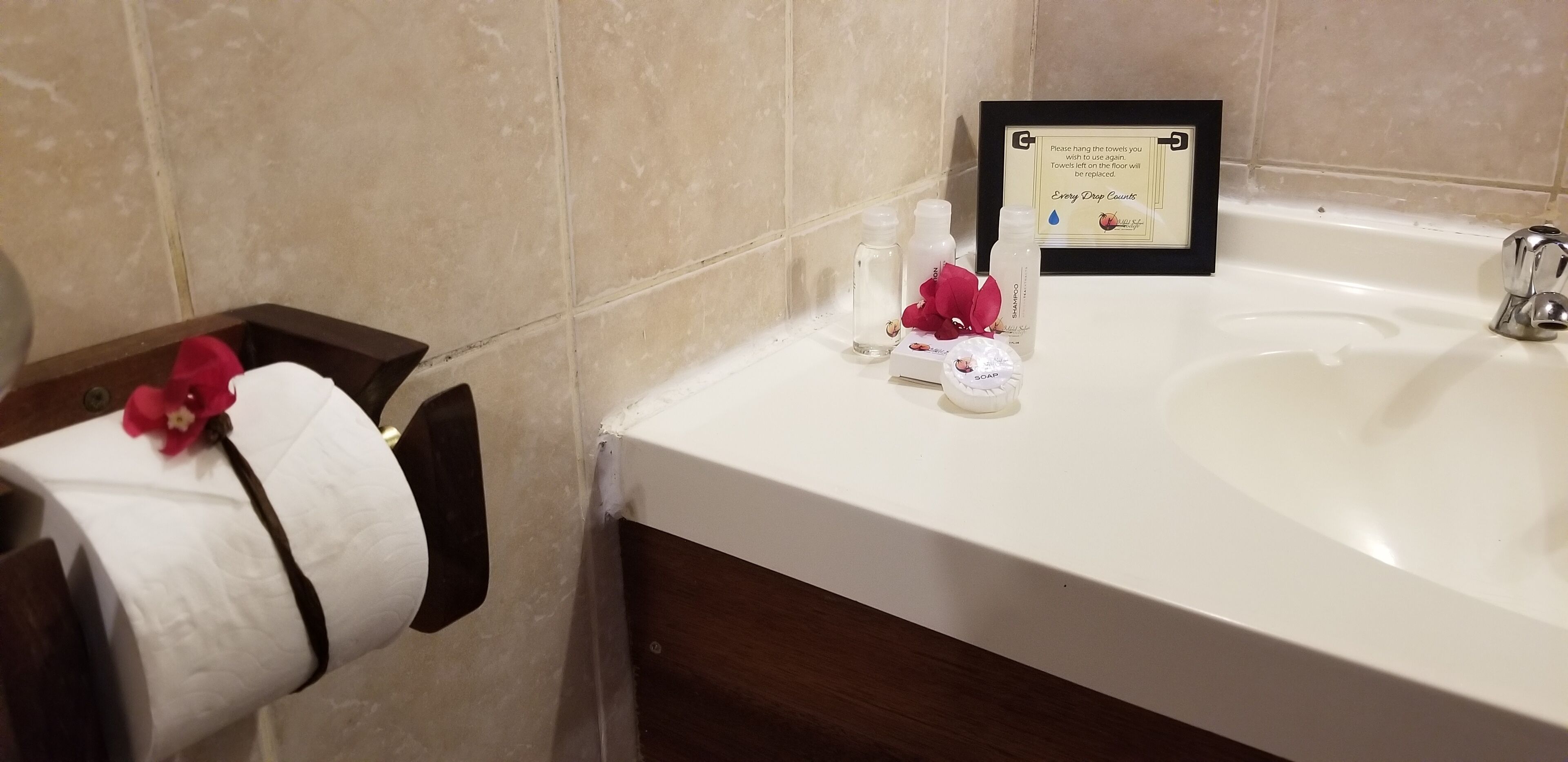 Un bagno con un lavandino bianco, un cartello incorniciato e articoli da toilette sul ripiano.