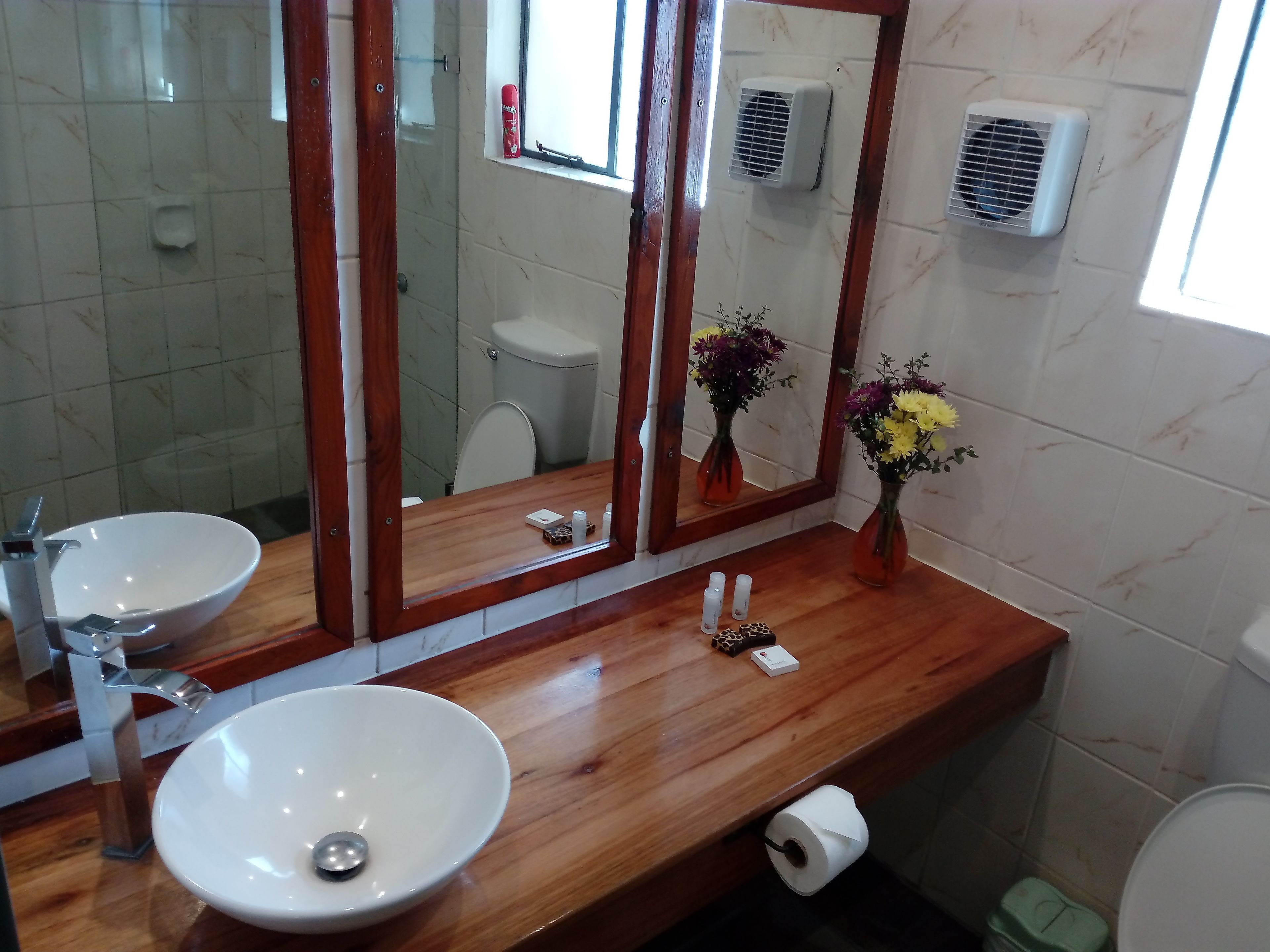 Un bagno con un mobile lavabo in legno, un lavandino bianco, uno specchio e un water.