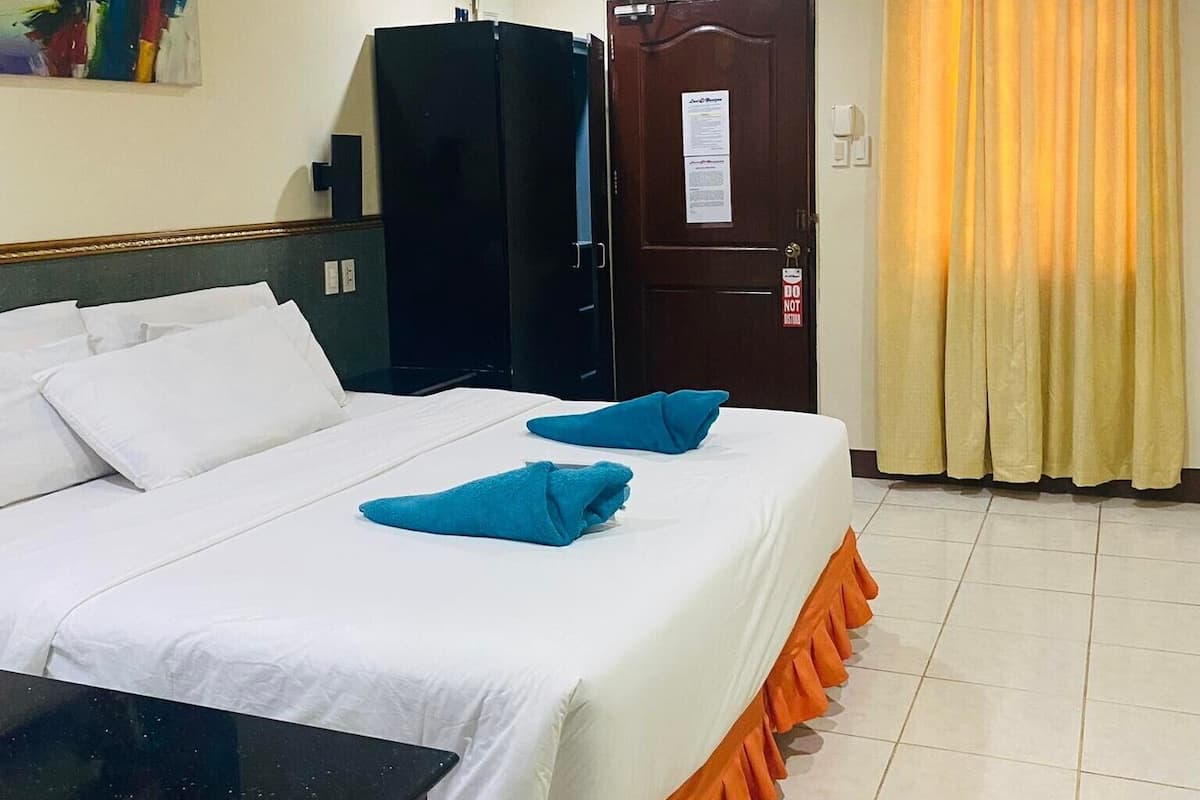 A hotel room with a bed, a desk, a wardrobe, and a door.