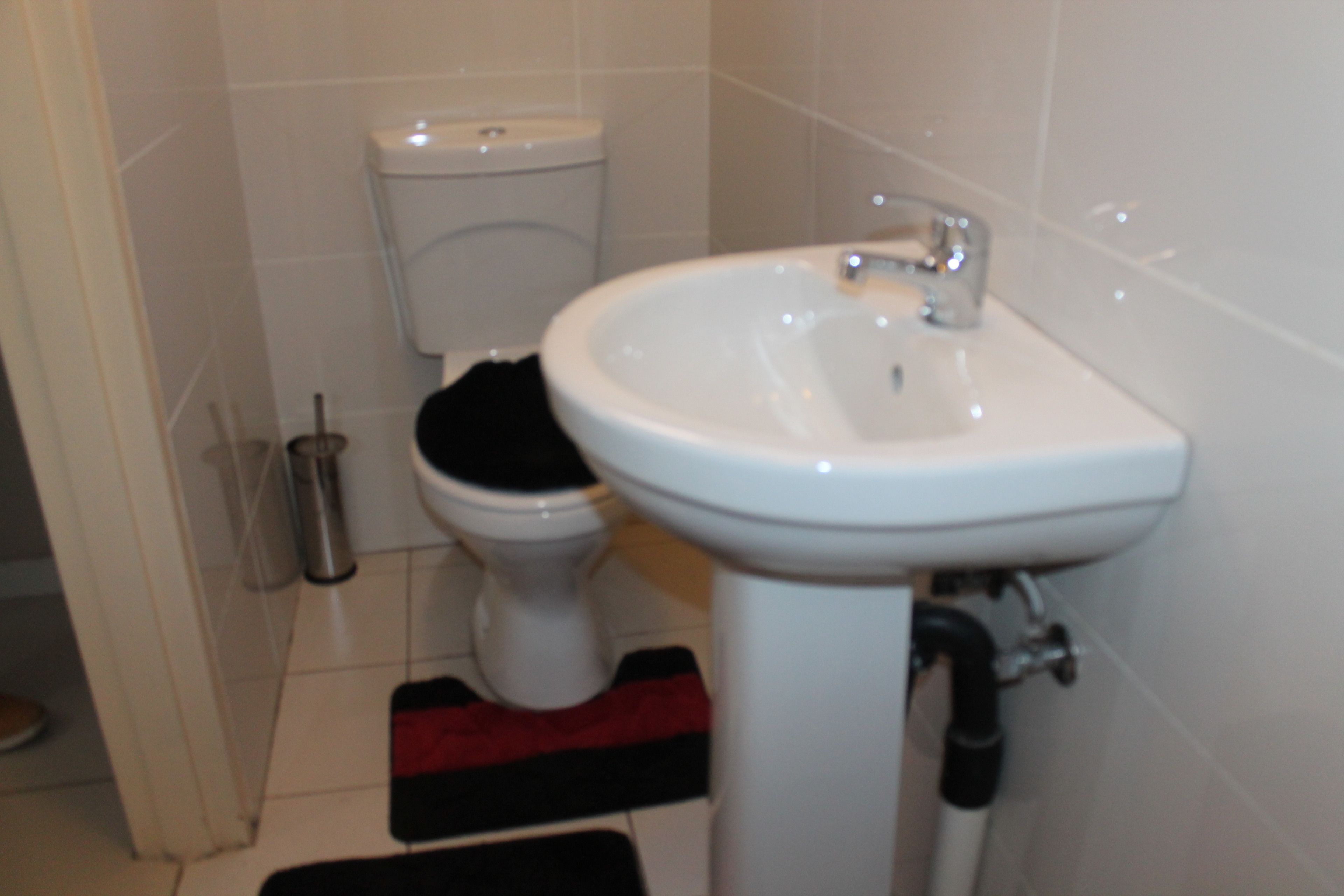 A bathroom with a white sink, a toilet, and a red and black bath mat.