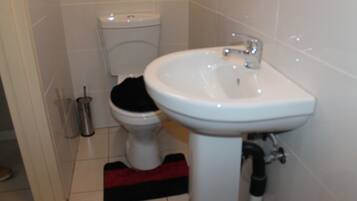 A bathroom with a white sink, a toilet, and a red and black bath mat.