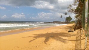 A beach with a sandy shore, palm trees, and a rocky outcrop in the background. - Ocean of Life Ayurvedic Resort (Bentota)