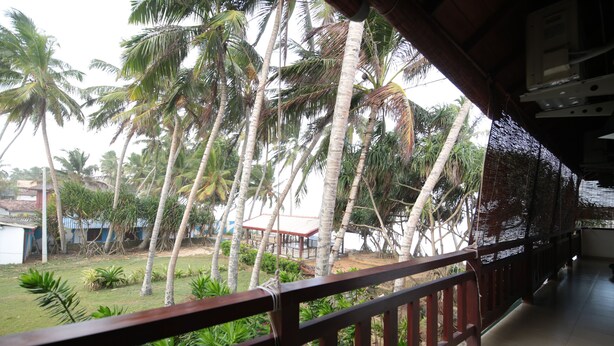 A balcony with a view of palm trees and a small garden. - Ocean of Life Ayurvedic Resort (Bentota)