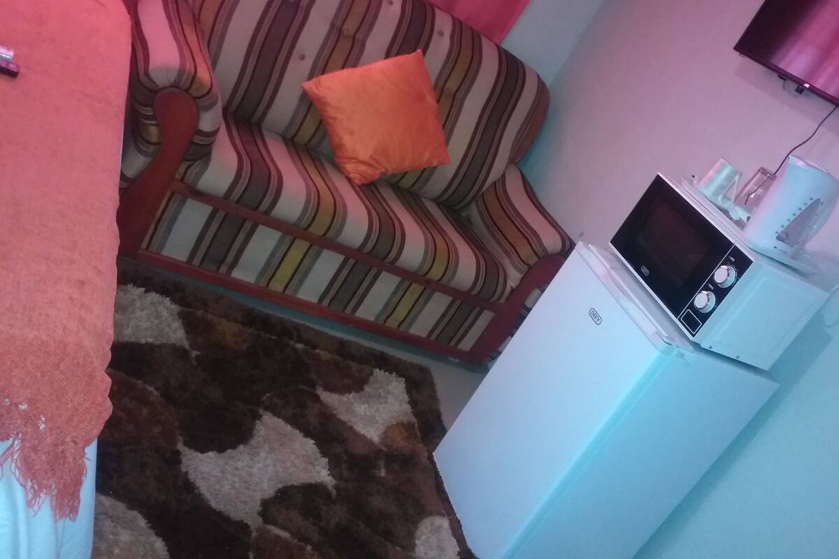 Une pièce avec un canapé à rayures, un coussin orange, un meuble blanc contenant un four à micro-ondes et un tapis à motifs.