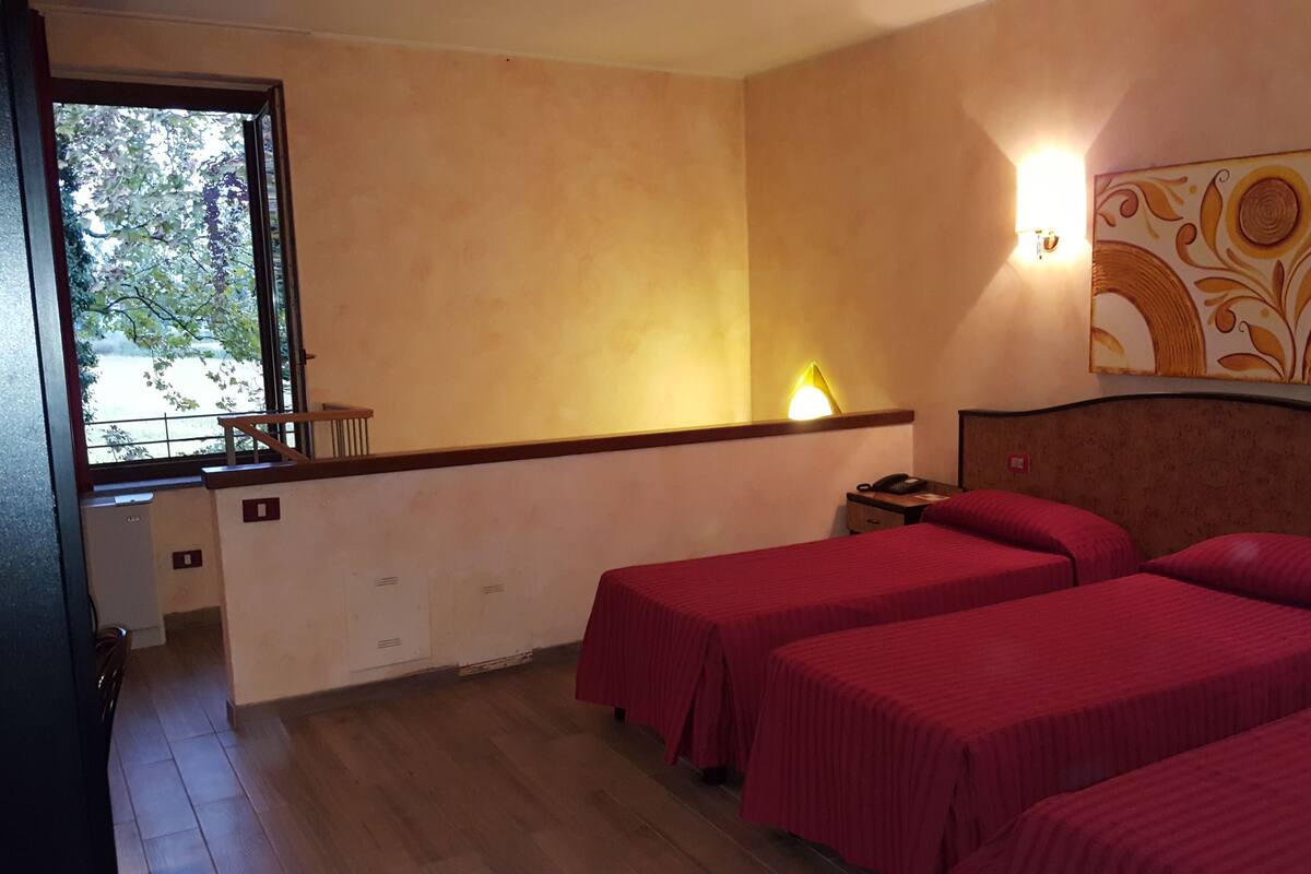 A hotel room with two beds, a window with a view of trees, a bedside lamp, and a wall-mounted artwork.