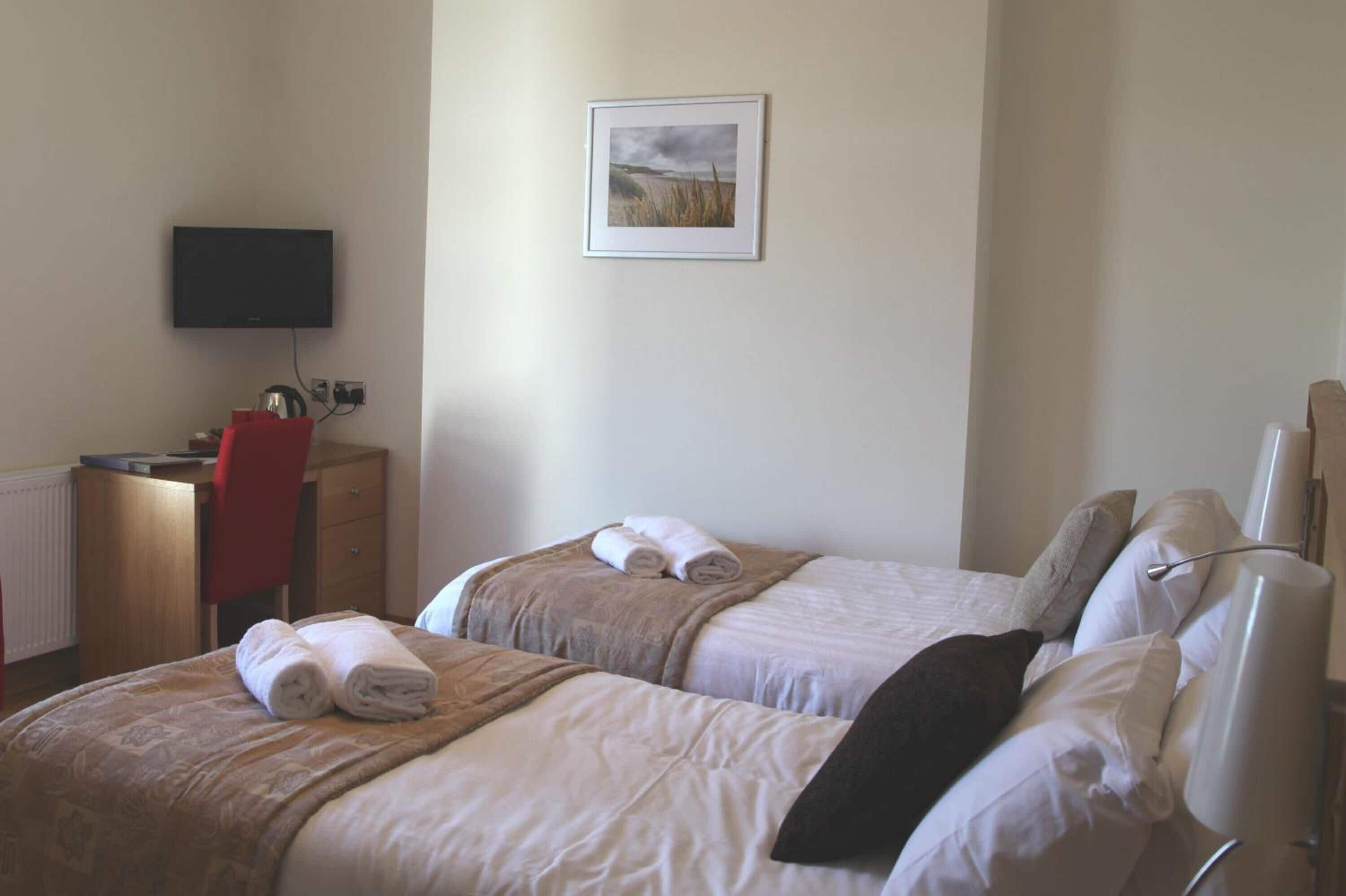 Habitación de hotel con dos camas, un escritorio, una silla, un televisor y un cuadro en la pared.