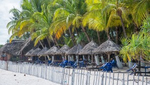 A beach with thatched-roof huts and blue chairs.