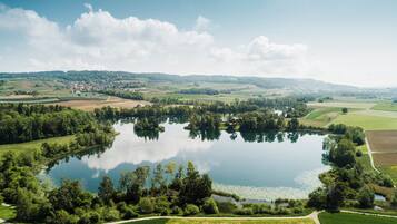 An aerial view of a lake surrounded by green fields and trees, with a small town in the background.