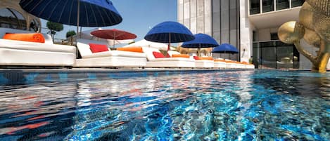 Indoor pool, seasonal outdoor pool, pool umbrellas, sun loungers