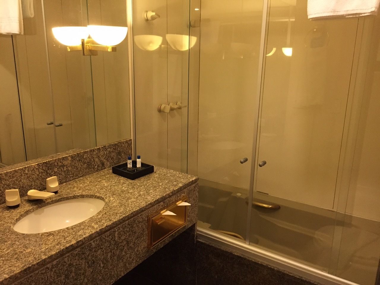 Un baño con encimera de granito, lavabo, espejo y cabina de ducha con paredes de vidrio.