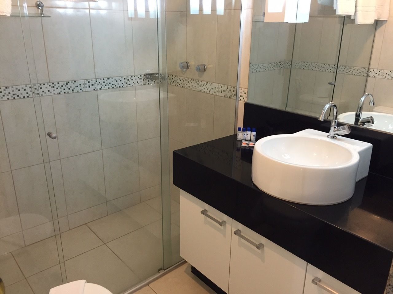 A bathroom with a glass shower enclosure, a white sink, and a black countertop.