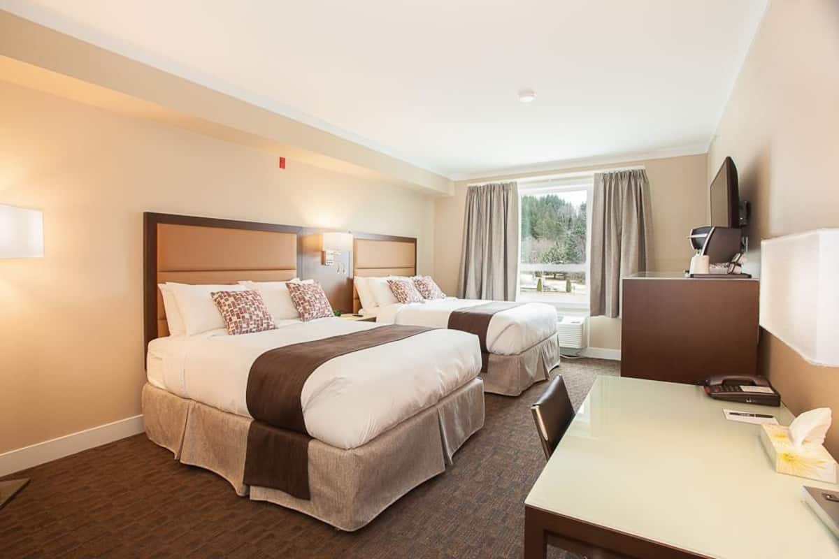 Habitación de hotel con dos camas, un escritorio, un televisor y una ventana con cortinas.