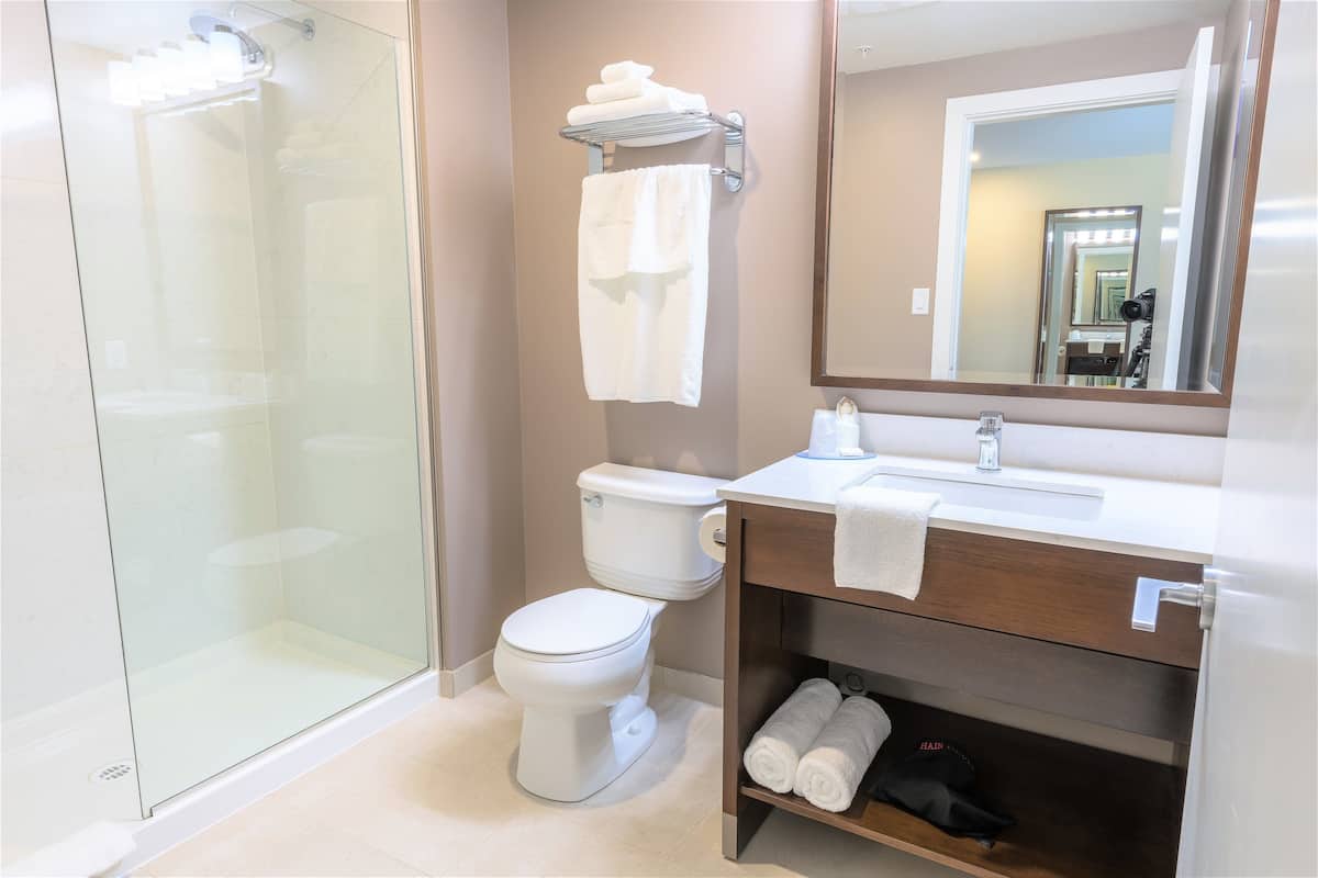 rainfall showerhead, free toiletries, hair dryer, towels