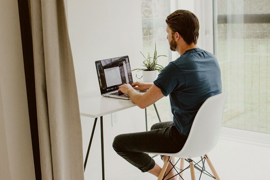 A person sitting at a white desk with a laptop, a potted plant, and a window in the background.