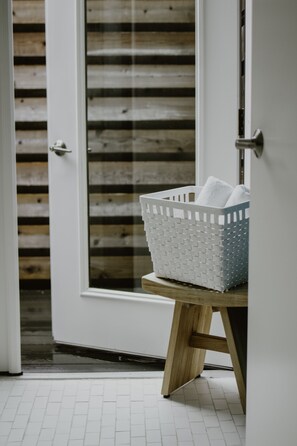 Free toiletries, hair dryer, heated floors, towels