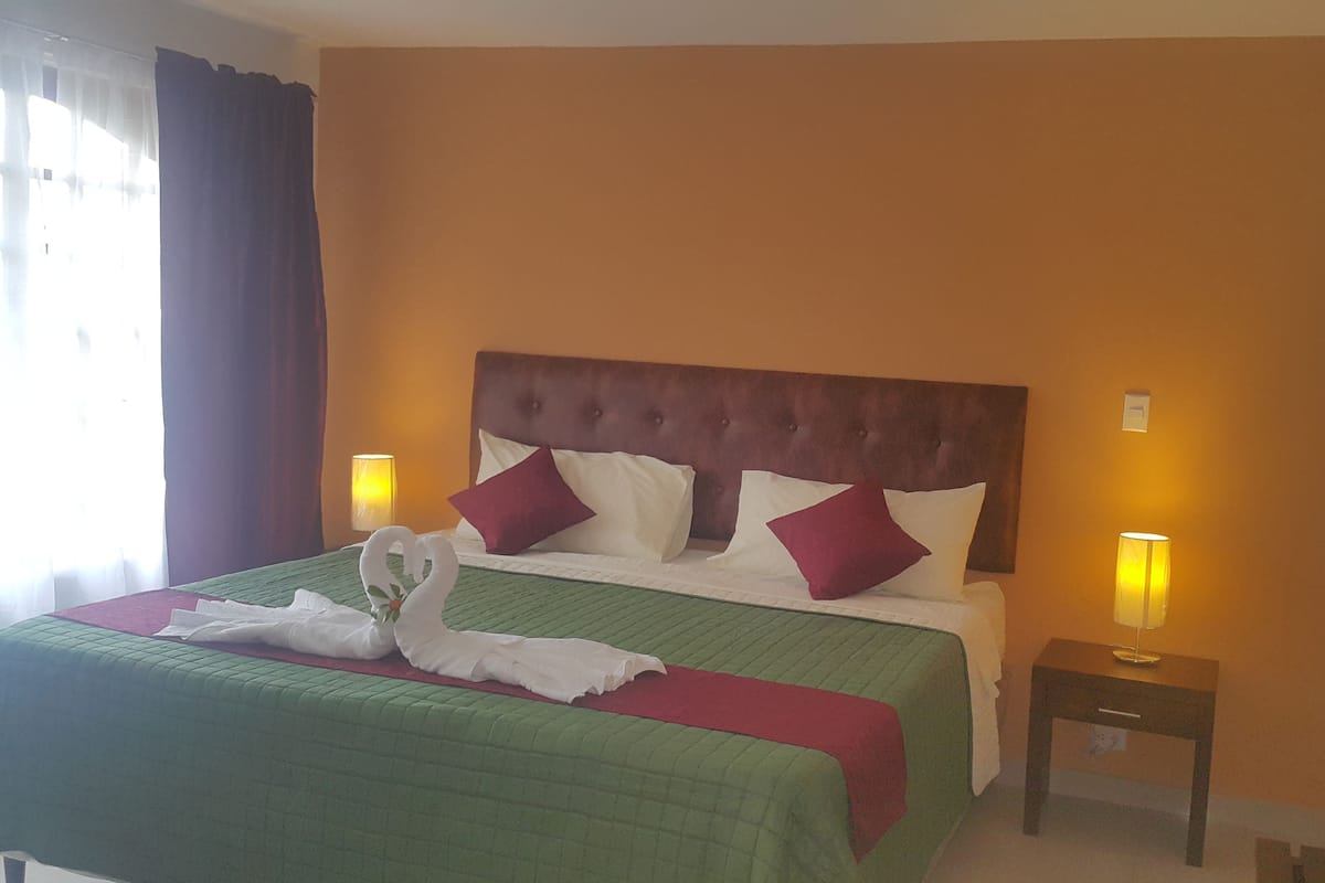 A hotel room with a large bed, green and red bedding, two wall lamps, and a decorative swan on the bed.