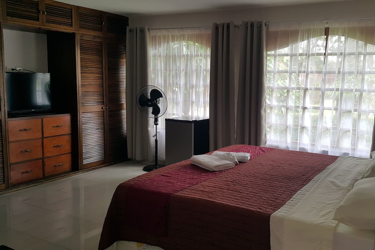 A hotel room with a bed, a TV, a wardrobe, and a standing fan.