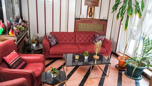 A living room with a red sofa, a black coffee table, and a red armchair. There are potted plants and a small table with a vase and a decorative item. - Sipahi (Istanbul)