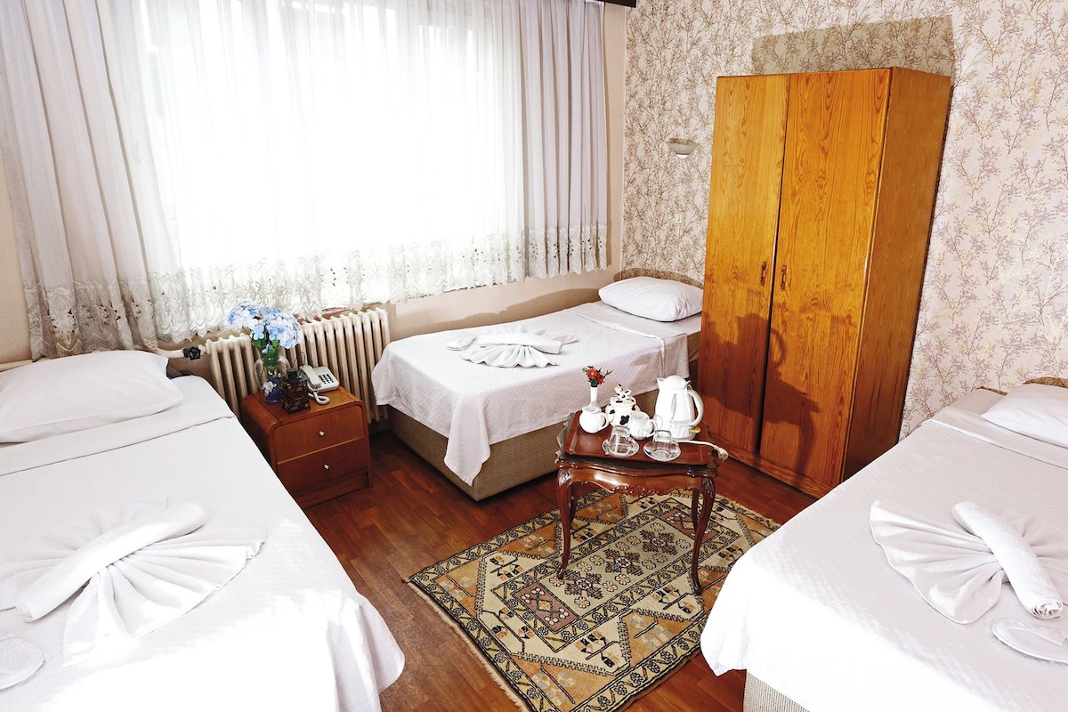 A hotel room with two beds, a wooden wardrobe, a radiator, a telephone, a small table with a pitcher, cups, and a vase with flowers.