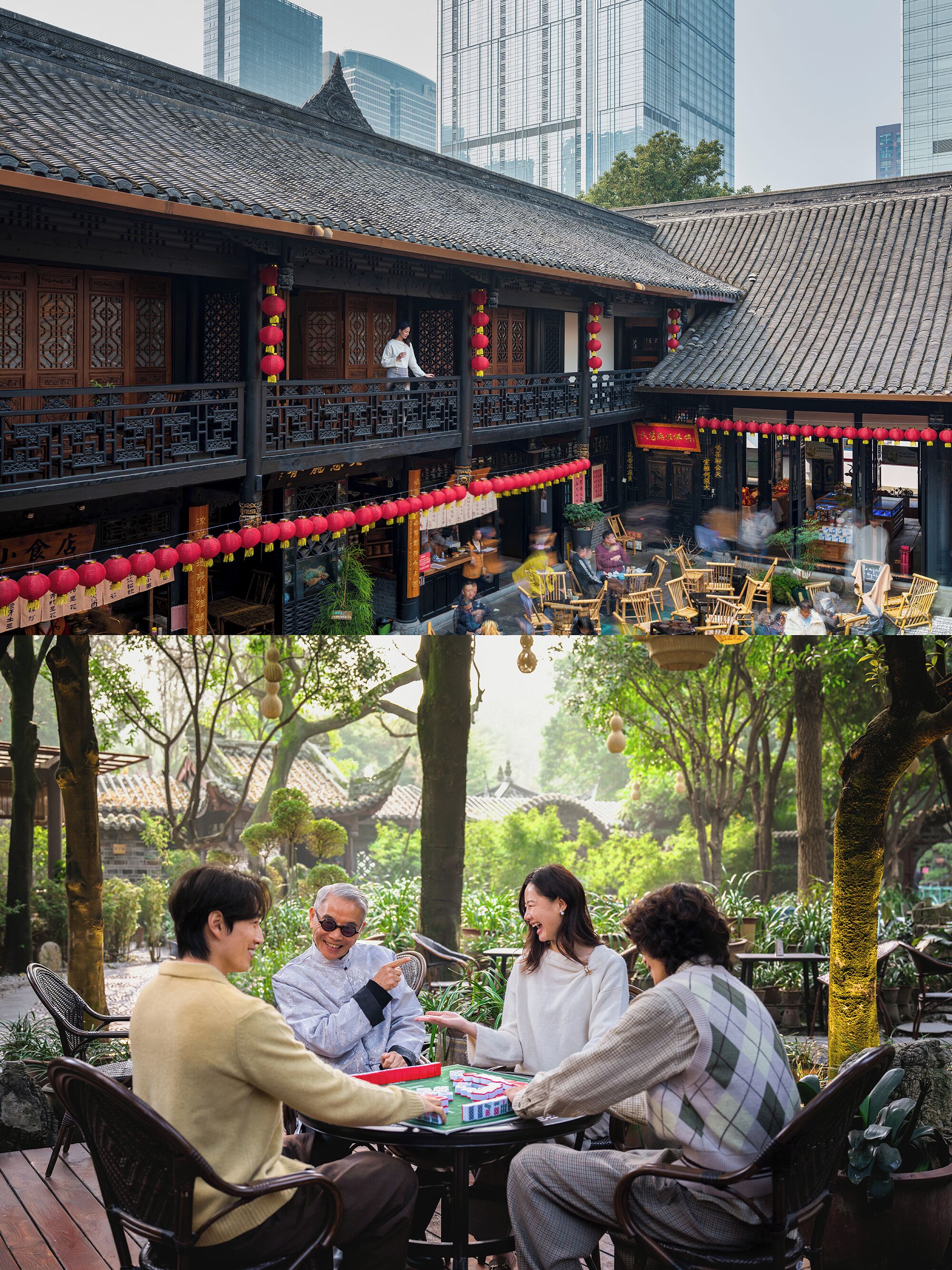 A traditional building with a tiled roof and wooden balconies, surrounded by greenery and modern buildings in the background.