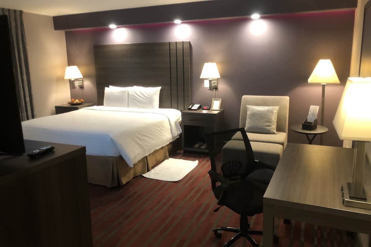 luxury room, 1 king bed, non smoking, jetted tub | premium bedding, desk, blackout curtains, iron/ironing board