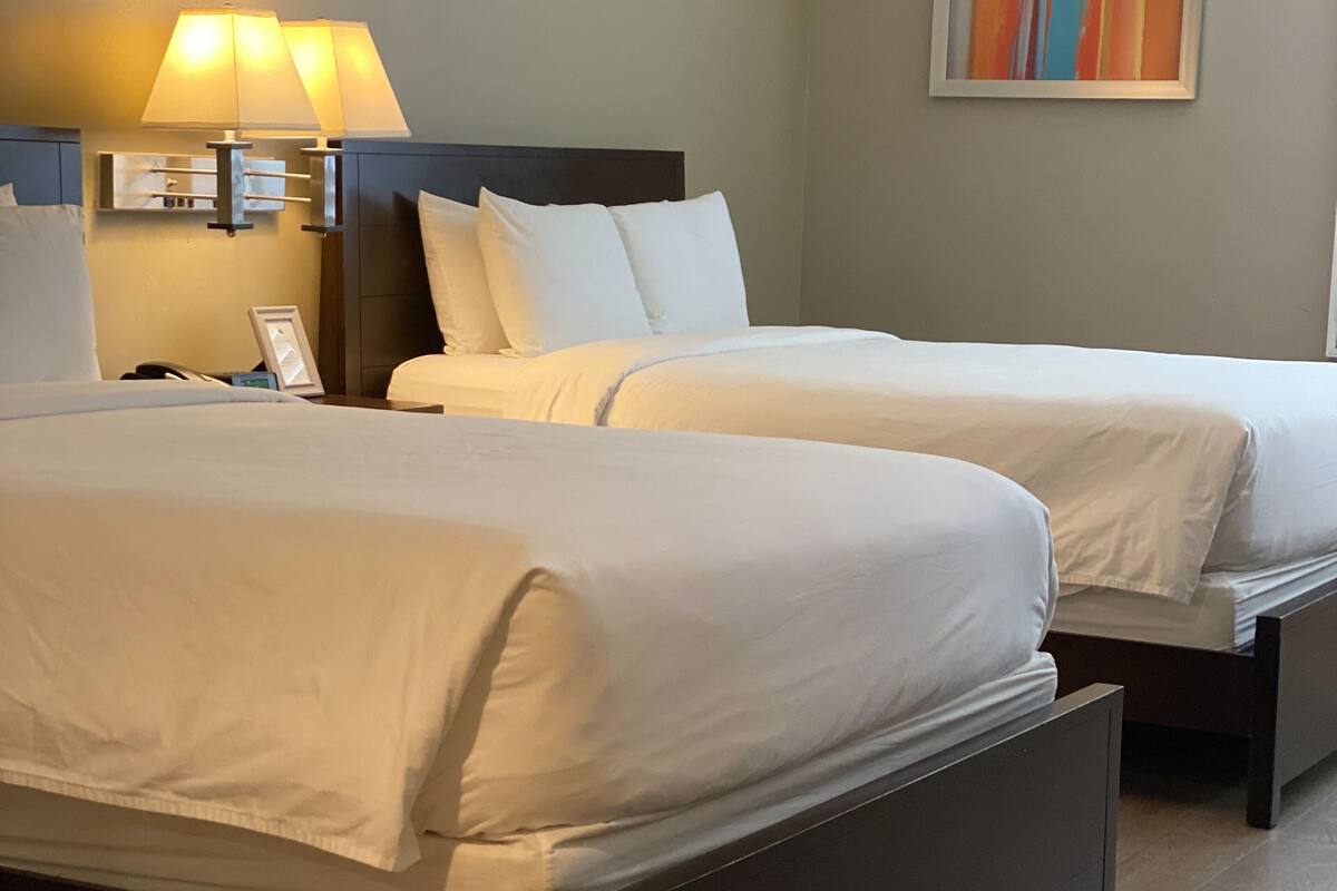 A hotel room with two beds, a nightstand, a lamp, and a painting on the wall.