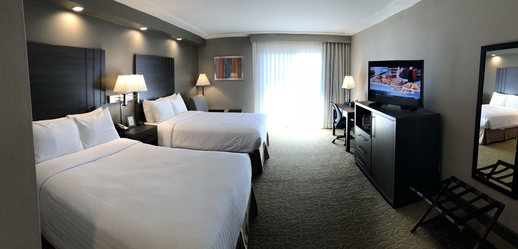 Premium bedding, desk, blackout drapes, iron/ironing board