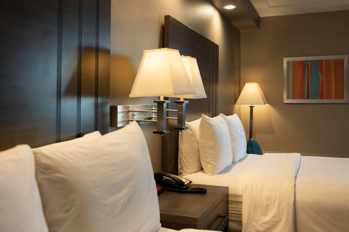 deluxe room, 2 double beds, non smoking | premium bedding, desk, blackout curtains, iron/ironing board