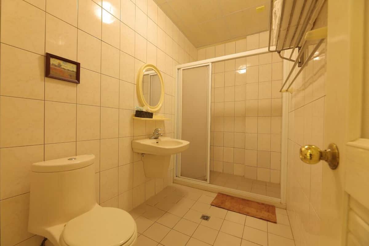 Un baño con inodoro, lavamanos y ducha.