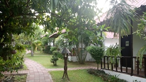 A paved pathway leading to a building with a thatched roof, surrounded by lush greenery and a small tree with a conical top. - Bee Nat Garden Resort (Koh Samui)