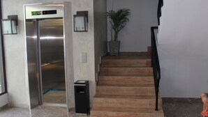 Un interior moderno con un ascensor de acero inoxidable, una escalera con escalones de madera y una planta en maceta.