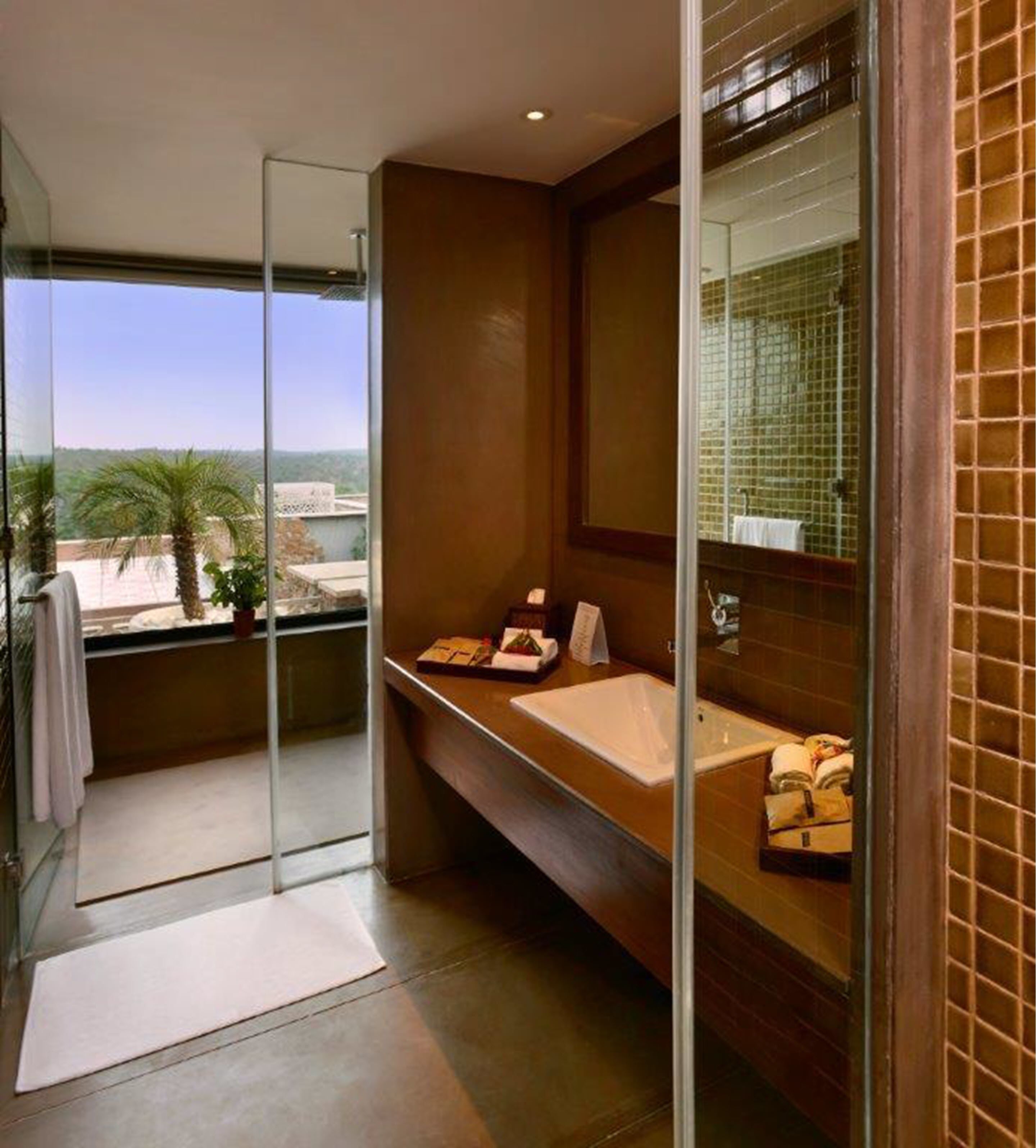 Une salle de bain moderne avec une douche à l’italienne en verre, un grand lavabo et un miroir.